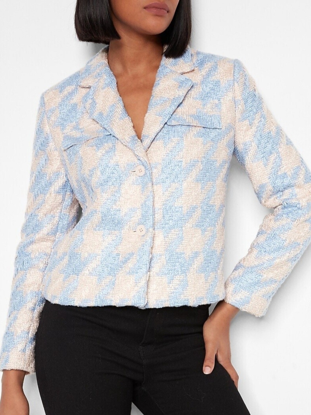 Express Pastel Blue and Cream Houndstooth Blazer